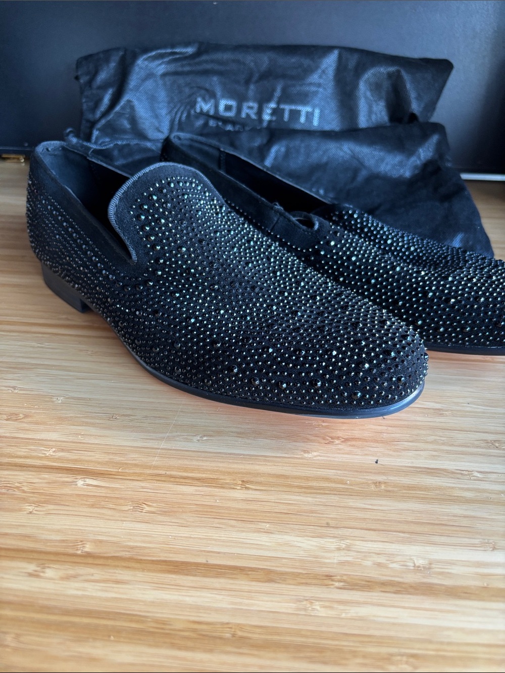 Moretti Black Label black rhinestone-studded smoking loafers 8.5